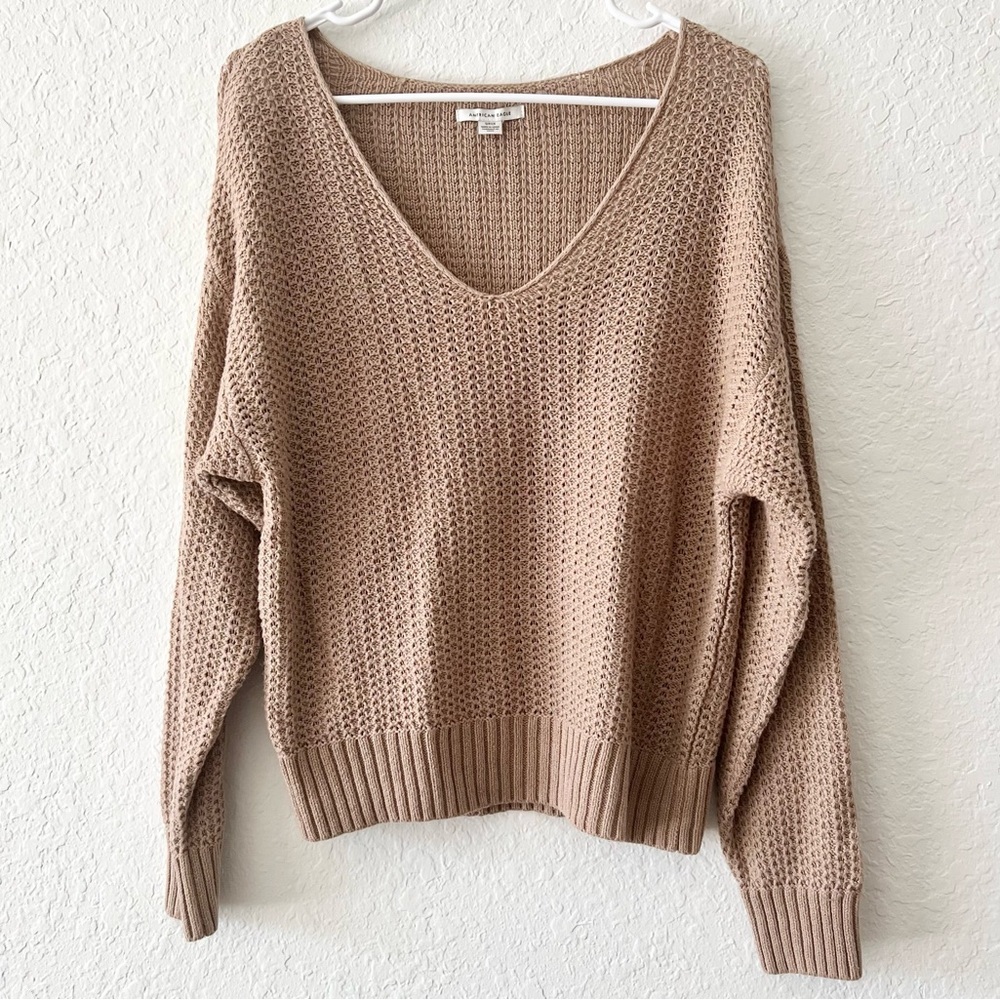 American Eagle Tan Brown Knit V-Neck Slouchy Long Sleeve Sweater Size Small